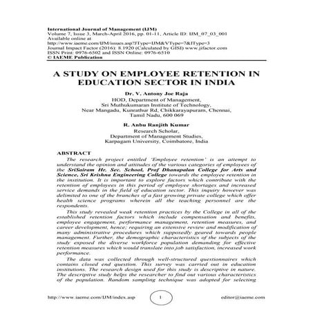 A STUDY ON EMPLOYEE RETENTION IN EDUCATION SECTOR IN INDIA