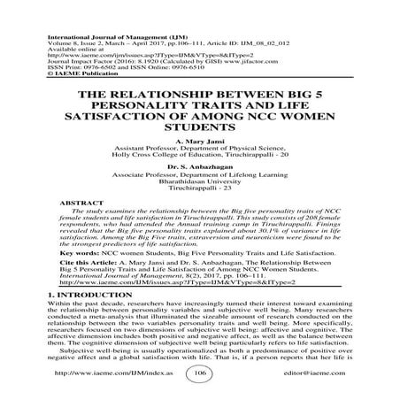 THE RELATIONSHIP BETWEEN BIG 5 PERSONALITY TRAITS AND LIFE SATISFACTION ...