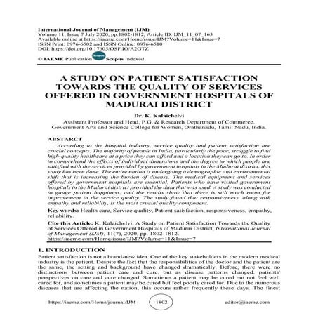 A STUDY ON PATIENT SATISFACTION TOWARDS THE QUALITY OF SERVICES OFFERED ...