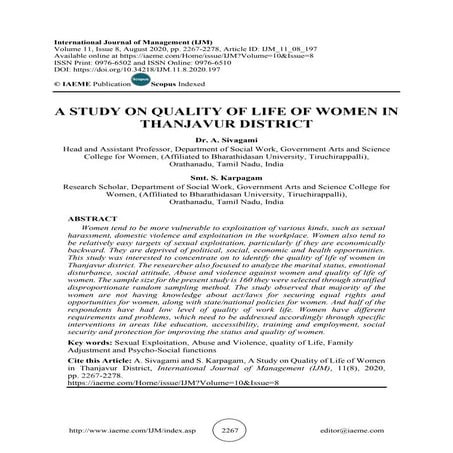 A STUDY ON QUALITY OF LIFE OF WOMEN IN THANJAVUR DISTRICT | PDF