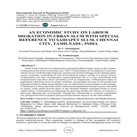 AN ECONOMIC STUDY ON LABOUR MIGRATION IN URBAN SLUM WITH SPECIAL REFERENCE TO...