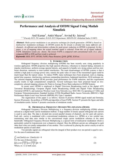 Performance and Analysis of OFDM Signal Using Matlab  Simulink