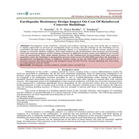 Earthquake Resistance Design-Impact On Cost Of Reinforced  Concrete Builidings