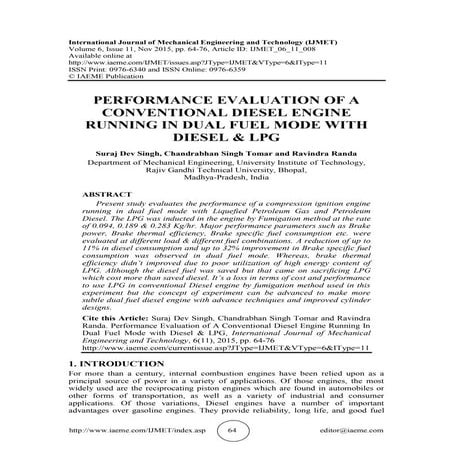PERFORMANCE EVALUATION OF A CONVENTIONAL DIESEL ENGINE RUNNING IN DUAL FUEL M...