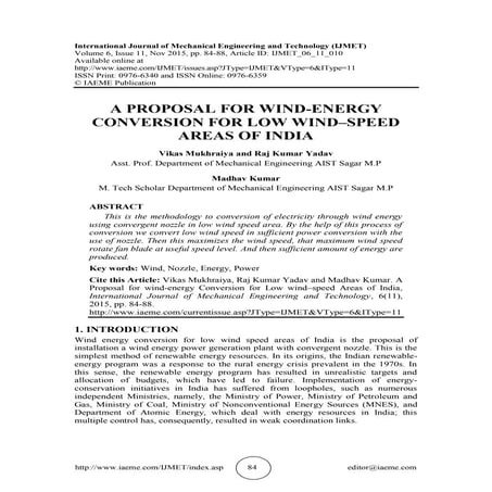   A PROPOSAL FOR WIND-ENERGY CONVERSION FOR LOW WIND–SPEED AREAS OF INDIA