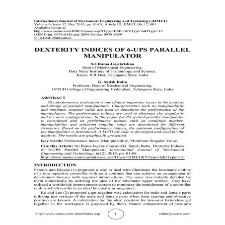 DEXTERITY INDICES OF 6-UPS PARALLEL MANIPULATOR