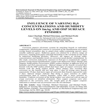   INFLUENCE OF VARYING H2S CONCENTRATIONS AND HUMIDITY LEVELS ON ImAg AND OSP...
