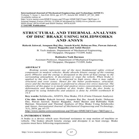   STRUCTURAL AND THERMAL ANALYSIS OF DISC BRAKE USING SOLIDWORKS AND ANSYS