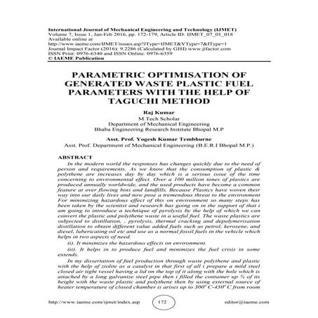 PARAMETRIC OPTIMISATION OF GENERATED WASTE PLASTIC FUEL PARAMETERS WITH THE H...