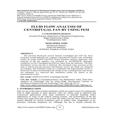 FLUID FLOW ANALYSIS OF CENTRIFUGAL FAN BY USING FEM | PDF