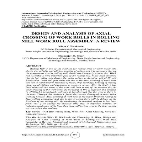 DESIGN AND ANALYSIS OF AXIAL CROSSING OF WORK ROLLS IN ROLLING MILL WORK ROLL...
