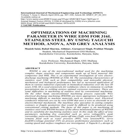 OPTIMIZATIONS OF MACHINING PARAMETER IN WIRE EDM FOR 316L STAINLESS STEEL BY ...