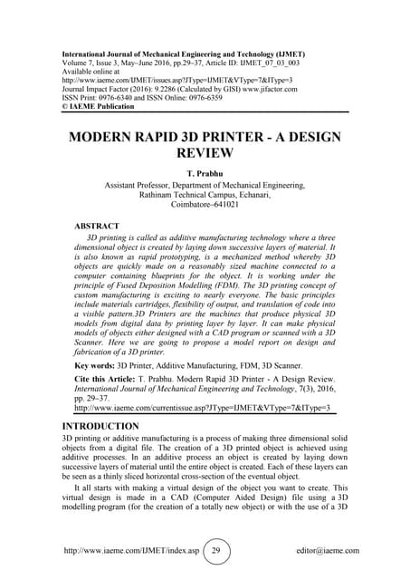 MODERN RAPID 3D PRINTER - A DESIGN REVIEW