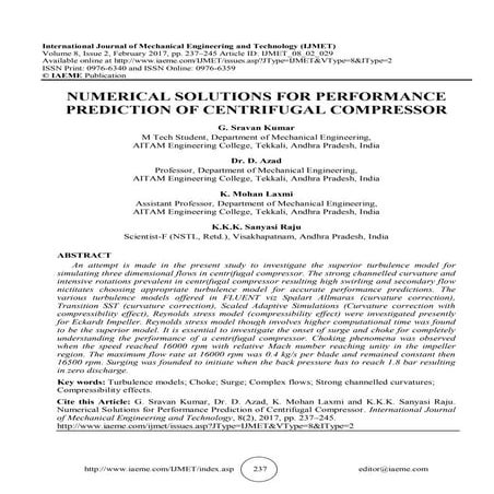 NUMERICAL SOLUTIONS FOR PERFORMANCE PREDICTION OF CENTRIFUGAL COMPRESSOR