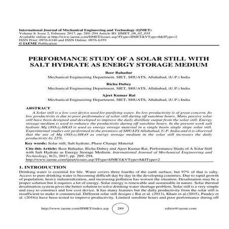 PERFORMANCE STUDY OF A SOLAR STILL WITH SALT HYDRATE AS ENERGY STORAGE ...