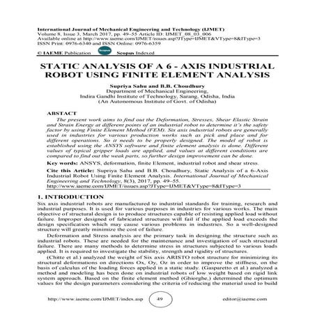 STATIC ANALYSIS OF A 6 - AXIS INDUSTRIAL ROBOT USING FINITE ELEMENT ANALYSIS