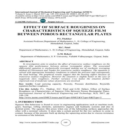 EFFECT OF SURFACE ROUGHNESS ON CHARACTERISTICS OF SQUEEZE FILM BETWEEN POROUS...