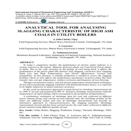 ANALYTICAL TOOL FOR ANALYSING SLAGGING CHARACTERISTIC OF HIGH ASH COALS IN UT...