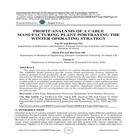 PROFIT ANALYSIS OF A CABLE MANUFACTURING PLANT PORTRAYING THE WINTER OPERATIN...