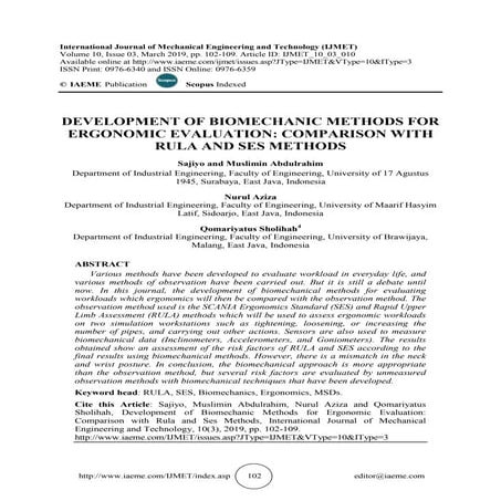 DEVELOPMENT OF BIOMECHANIC METHODS FOR ERGONOMIC EVALUATION: COMPARISON WITH ...