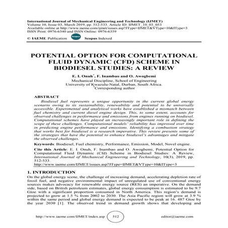POTENTIAL OPTION FOR COMPUTATIONAL FLUID DYNAMIC (CFD) SCHEME IN BIODIESEL ST...