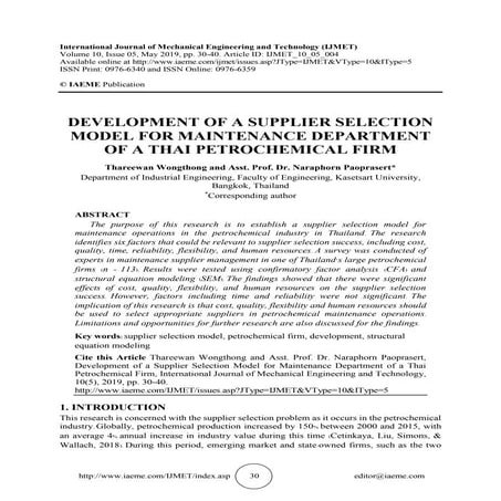 DEVELOPMENT OF A SUPPLIER SELECTION MODEL FOR MAINTENANCE DEPARTMENT OF A THA...