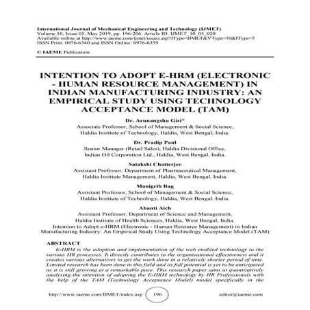 INTENTION TO ADOPT E-HRM (ELECTRONIC - HUMAN RESOURCE MANAGEMENT) IN INDIAN M...