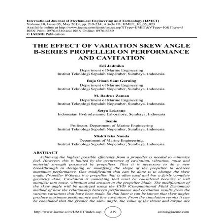 THE EFFECT OF VARIATION SKEW ANGLE B-SERIES PROPELLER ON PERFORMANCE AND CAVI...