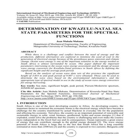 DETERMINATION OF KWAZULU-NATAL SEA STATE PARAMETERS FOR THE SPECTRAL FUNCTIONS