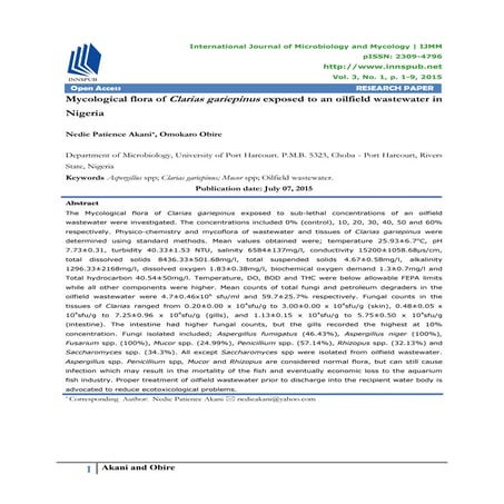 Mycological flora of Clarias gariepinus exposed to an oilfield wastewater in ...