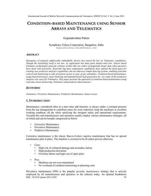 CONDITION-BASED MAINTENANCE USING SENSOR ARRAYS AND TELEMATICS