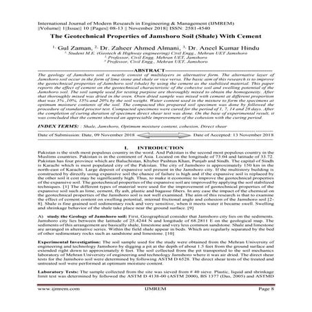 The Geotechnical Properties of Jamshoro Soil (Shale) With Cement