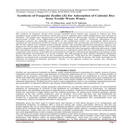 Synthesis of Faujasite Zeolite (Z) For Adsorption of Cationic Dye from Textil...