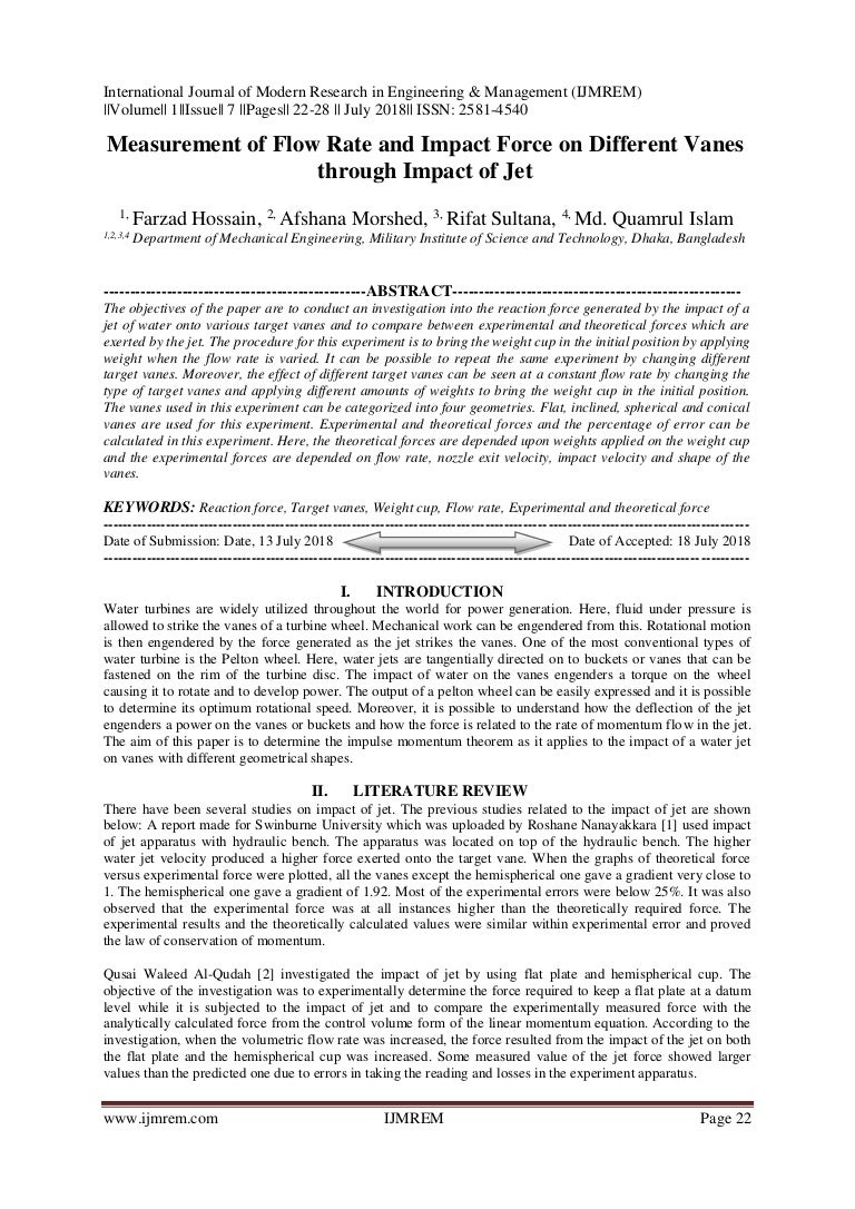 Measurement Of Flow Rate And Impact Force On Different Vanes Through