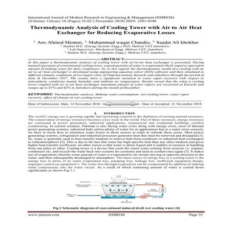 Thermodynamic Analysis of Cooling Tower with Air to Air Heat Exchanger for Re...