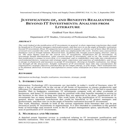 JUSTIFICATION OF, AND BENEFITS REALIZATION  BEYOND IT INVESTMENTS: ANALYSIS F...