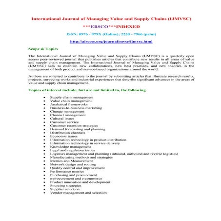 International Journal of Managing Value and Supply Chains (IJMVSC)