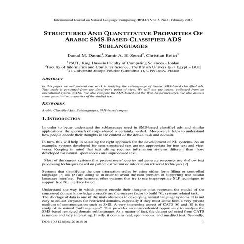 STRUCTURED AND QUANTITATIVE PROPERTIES OF ARABIC SMS-BASED CLASSIFIED ADS SUB...