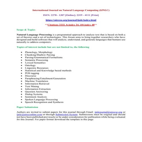 Call For Papers - International Journal on Natural Language Computing (IJNLC)