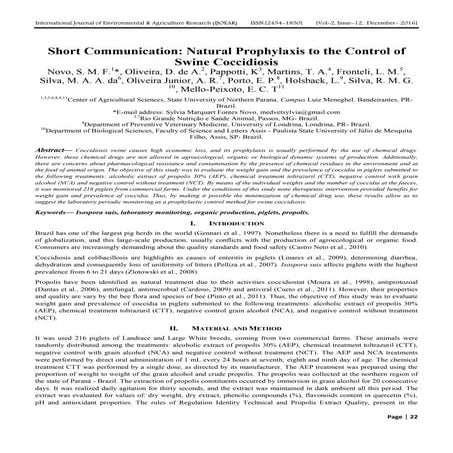 Short Communication: Natural Prophylaxis to the Control of Swine Coccidiosis