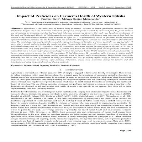 Impact of Pesticides on Farmer’s Health of Western Odisha