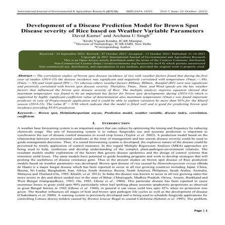 Development of a Disease Prediction Model for Brown Spot Disease ...