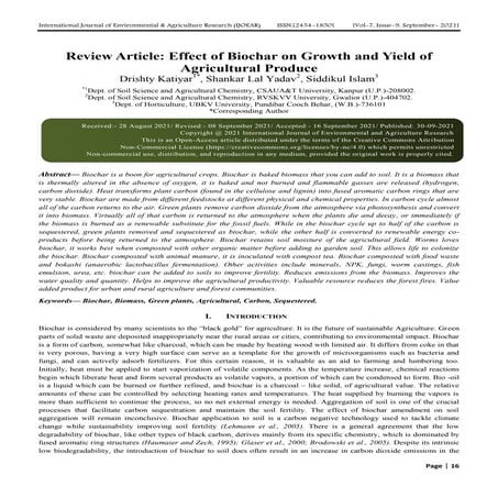 Review Article: Effect of Biochar on Growth and Yield of Agricultural Produce