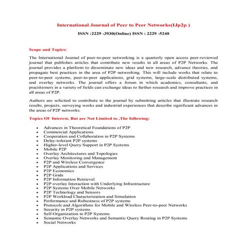 International Journal of Peer to Peer Networks(IJp2p )
