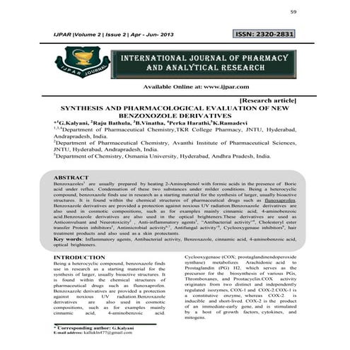 Synthesis and Pharmacological evaluation of new Benzoxozole Derivatives