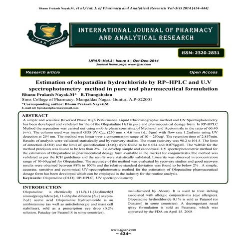 Estimation of olopatadine hydrochloride by RP–HPLC and U.V spectrophotometry ...