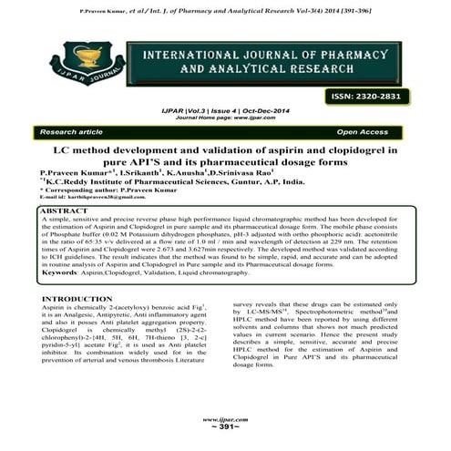 LC method development and validation of aspirin and clopidogrel in pure API’S...