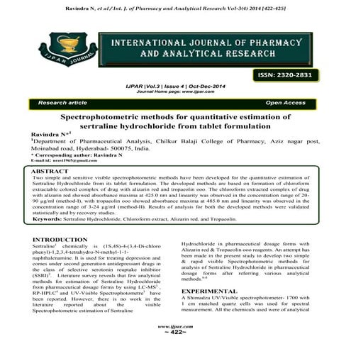 Spectrophotometric methods for quantitative estimation of sertraline hydrochl...