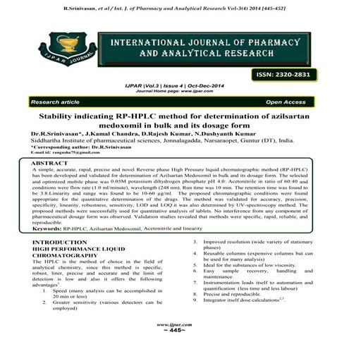 Stability indicating RP-HPLC method for determination of azilsartan medoxomil...