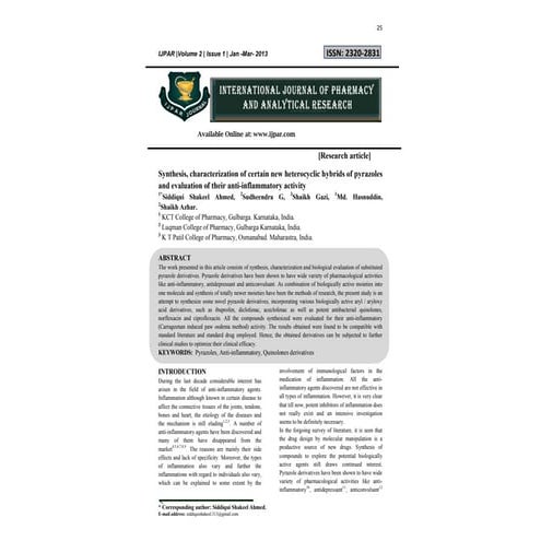 Synthesis, characterization of certain new heterocyclic hybrids of pyrazoles ...